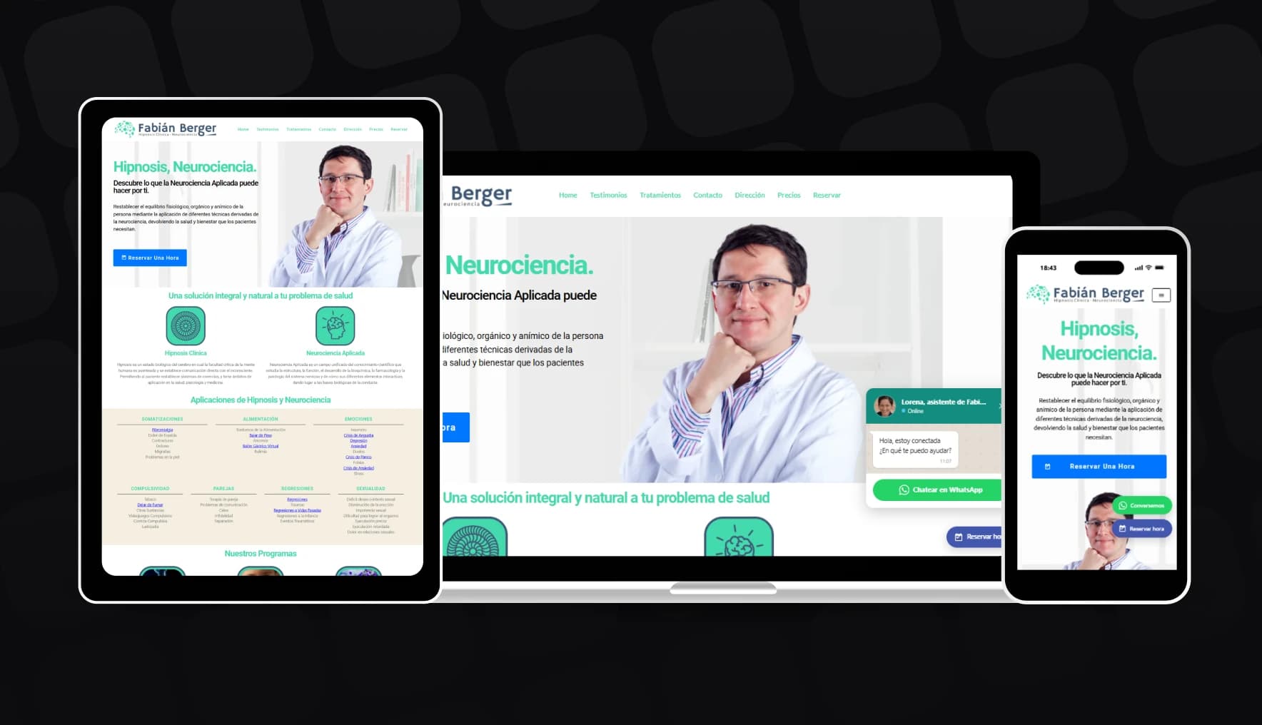 Sitio de Fabián Berger en tablet, portátil y móvil: portada en verde y blanco sobre hipnosis y neurociencia, con la foto del especialista y un botón para reservar una hora.