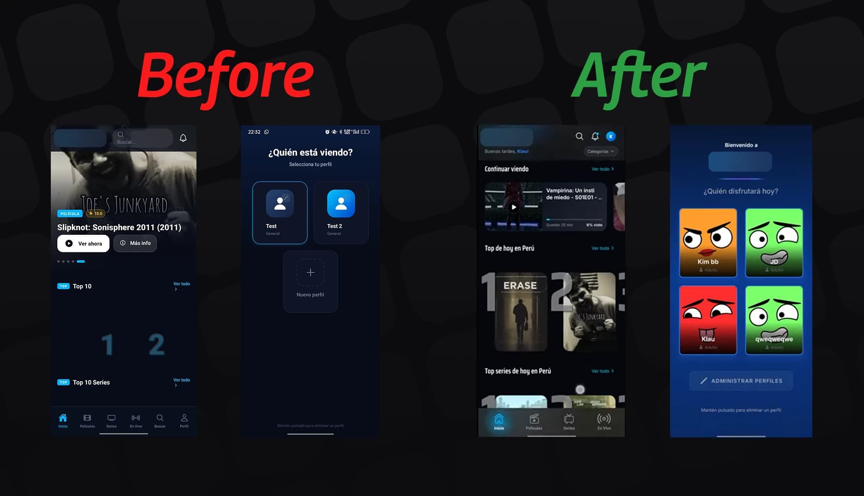 Comparación antes y después del rediseño de la app IPTV: a la izquierda las pantallas originales en gris oscuro, a la derecha las rediseñadas en azul con selector de perfiles y filas de contenido.
