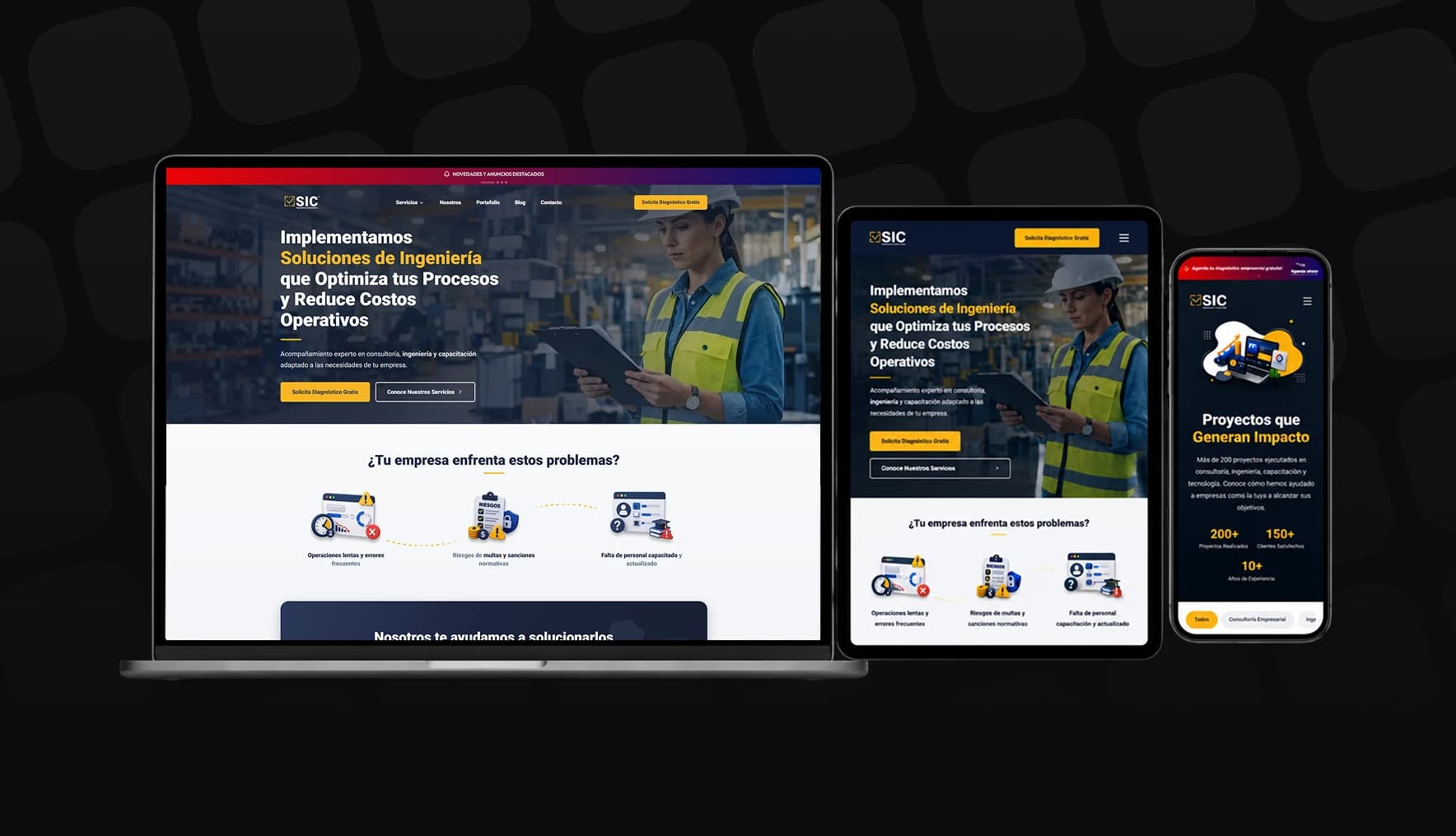 Sitio de SIC Ingeniería en portátil, tablet y móvil: portada oscura con una ingeniera en planta industrial, titular sobre soluciones de ingeniería y botones amarillos de diagnóstico gratuito.